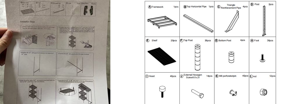 Metal wire mesh rack installation instructions and accessory diagrams